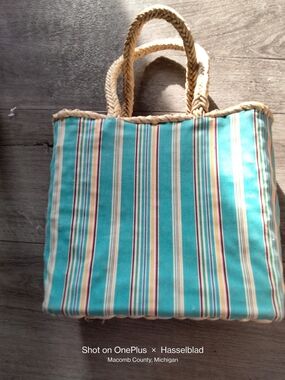 Ralph Lauren Turquoise Striped Canvas Tote with Braided Handles
